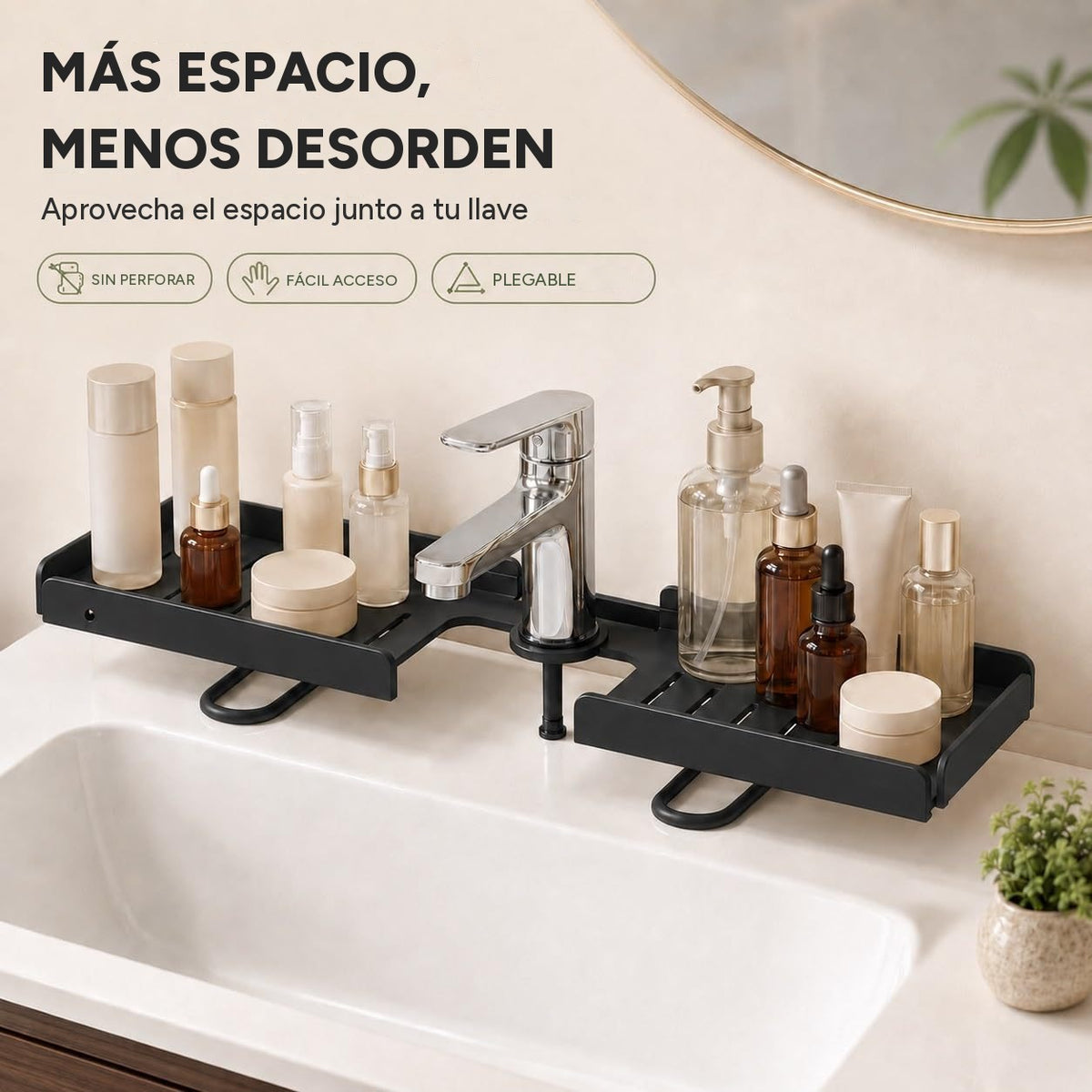 Organizador giratorio junto a la llave del lavabo con cremas y perfumes: más espacio, menos desorden